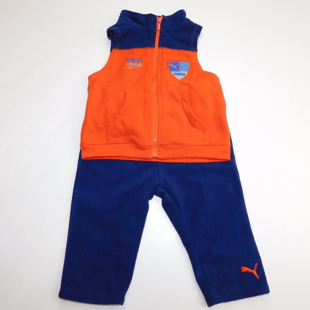 Puma Fleece Full Zip Vest and Track Pant Set Orange Blue Baby Boy 6-9 Months